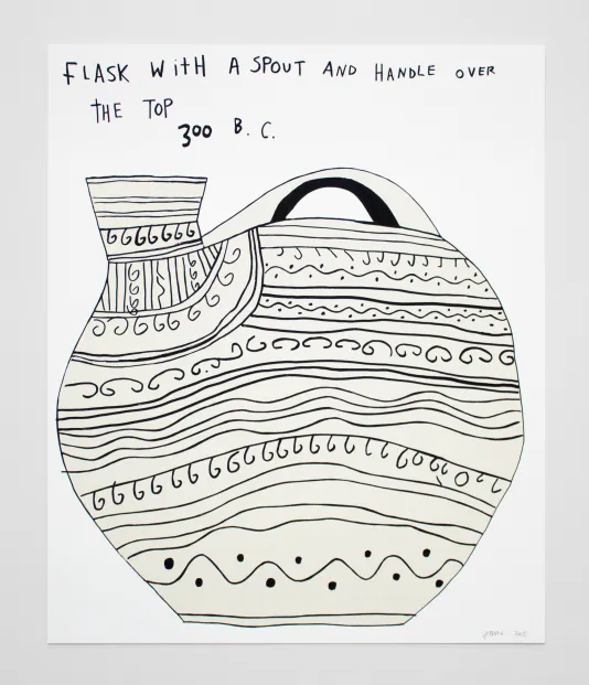 Line drawing of a flask with dots, swirls and lines covering the surface. The top reads "Flask with a sport and handle over the top 300 b.c."