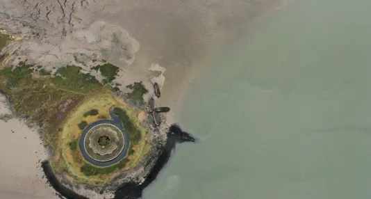 Aerial view of an ocean shore and a small island to the left with a circular road.