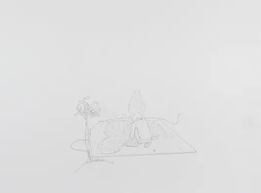 Light pencil sketch of a person working outdoors.