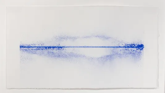 Cobalt blue horizontal line runs across the canvas with faded ink on the top and bottom of the line.