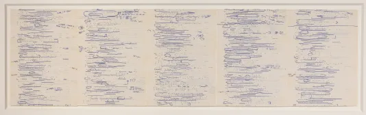 5 panels of hand drawn blue lines, marks, and dashes.