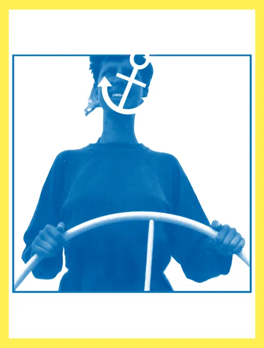 Yellow border with a blue hued image of a woman with her hands on the steering wheel of a boat and an anchor on her face.