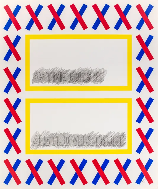 Border of half red and half blue x's with two yellow outlined rectangles in the middle that read "as time goes by" and "als tijd verstrijkt."