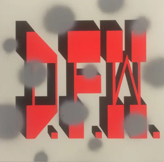 Block letters that spell D.F.M with grey circles along the surface of the entire canvas.