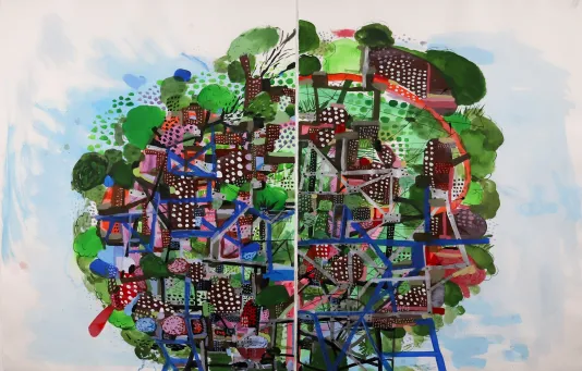 Abstract treehouse with lots of black and grey lines, white dots, and various shades of green.