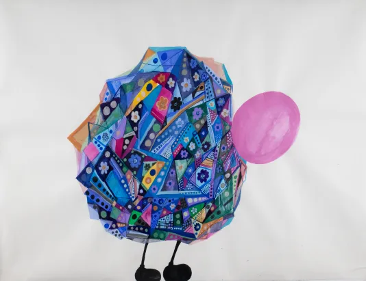 Cloth sculpture featuring bright colored shaped with a piece of blown up bubble gum on the front and black, cartoon looking feet.