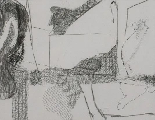 Abstract pencil sketch featuring dashes, lines, and shaded areas.