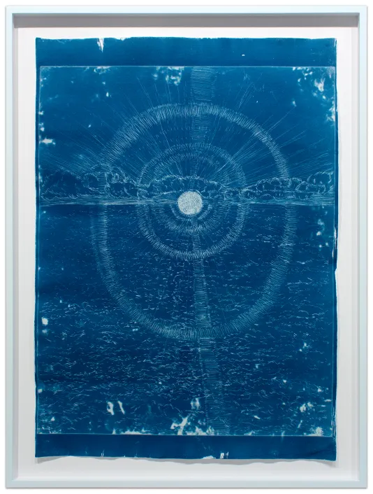 Blue abstract sunset drawn with lines on fabric.