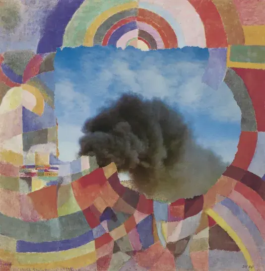 Collage with blue, red, green, and yellow shapes featuring a cut out photograph of a blue sky and black smoke.
