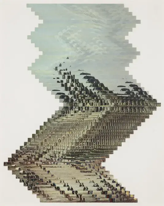 Distorted image of a building and square repeated many times in a zig zag shape.