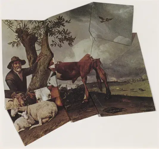 Collage of pieces of a painting of farm animals and a man huddled around a tree.