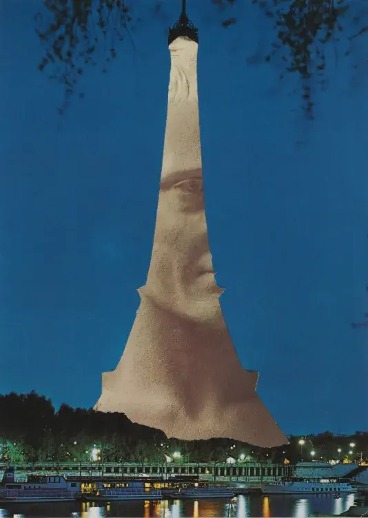 Collage of a tall, pyramidal building with a close up of a sculpture photoshopped onto the surface of the building.