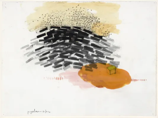 Abstract landscape with a small house on the right made up of lots of shapes including black bars and triangles.