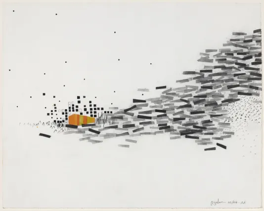 Print with lots of grey and black bars leading up to an orange and yellow block on the left side and some dots sporadically placed on the top of the frame.