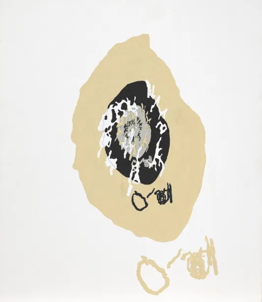 Light brown, black, and white print of abstract shapes resembling ovals and the profile of a face.