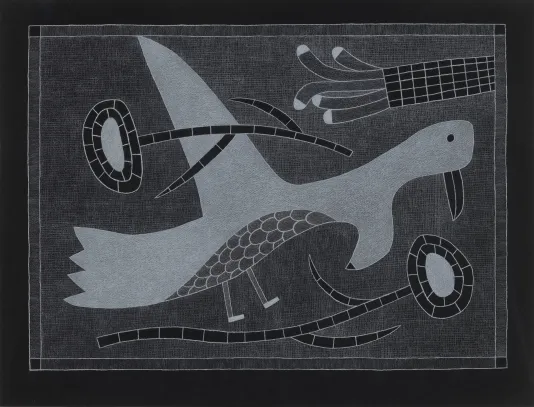 Dark grey and blue print of a bird with abstract flour on the top and bottom and a. hand reaching out from the right reaching toward the flower stem.