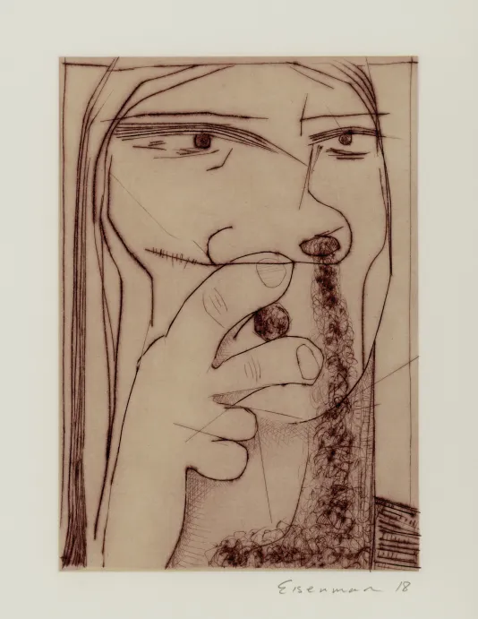 Abstract sketch of a person holding up a peace sign over one nostril with something coming out of their other nostril.