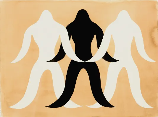 Print of three identical, black and white figures overlapping on a light brown background.