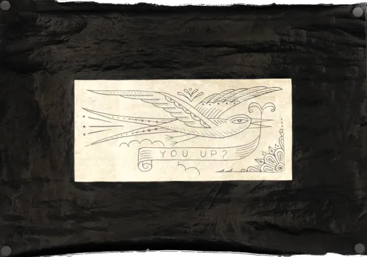 Print of a bird flying holding a sign that reads "you up?" on a dark black background.