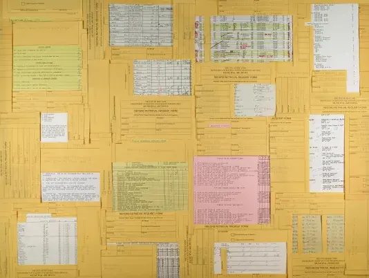 Pink, yellow, and white rubrics collaged together taking up the entire frame.