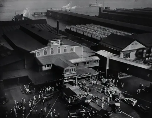 Black and white photograph of a ferry terminal from above.
