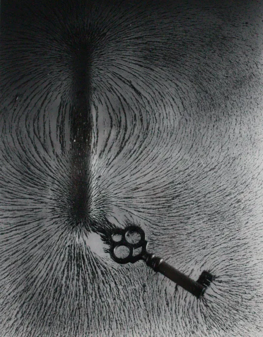 Magnet hairs shaped with a metal key making a thick rectangle with little magnet hairs coming out from each side in a curved shape.