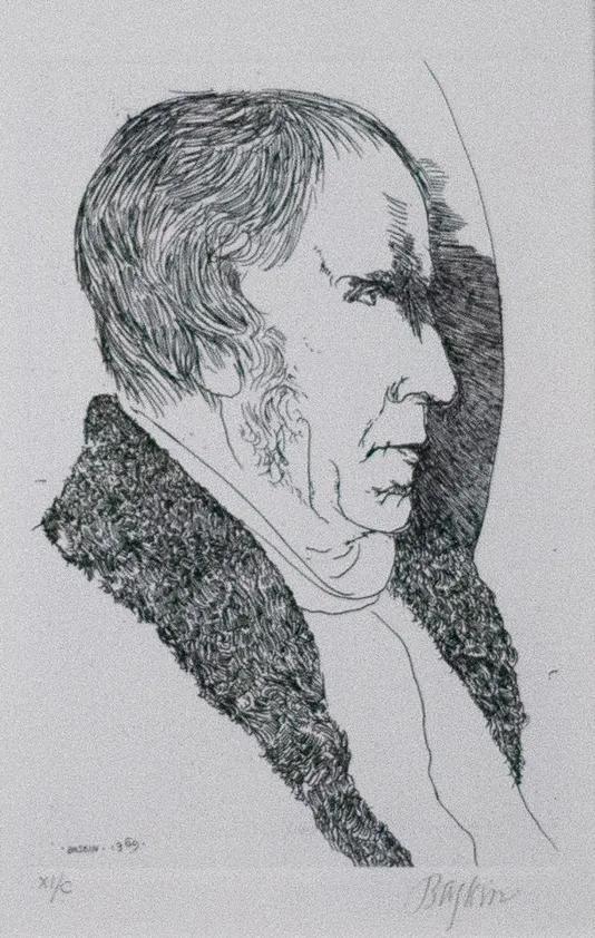 Black and white line print of a man's profile with textured hair and a fur coat.