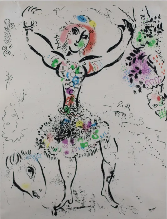 Female juggler print with bold black outlines and blotches of color on her dress, face, and hair and small horse peaking out on the left lower corner.
