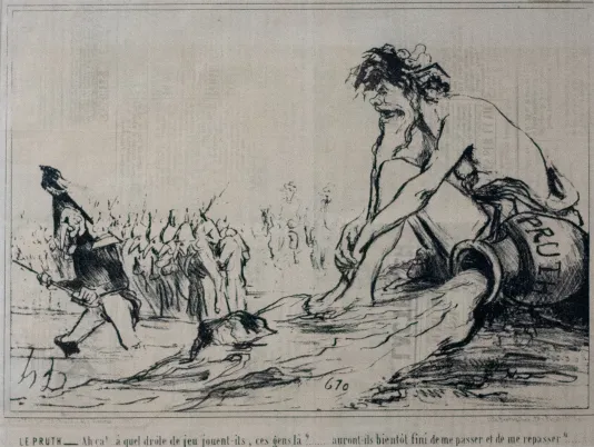 Etching of a large man sitting with his legs in his chest next to a spilt vase that reads "Pruth" with a crowd behind him.