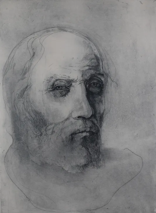 Graphite sketch of a man from the shoulders up.