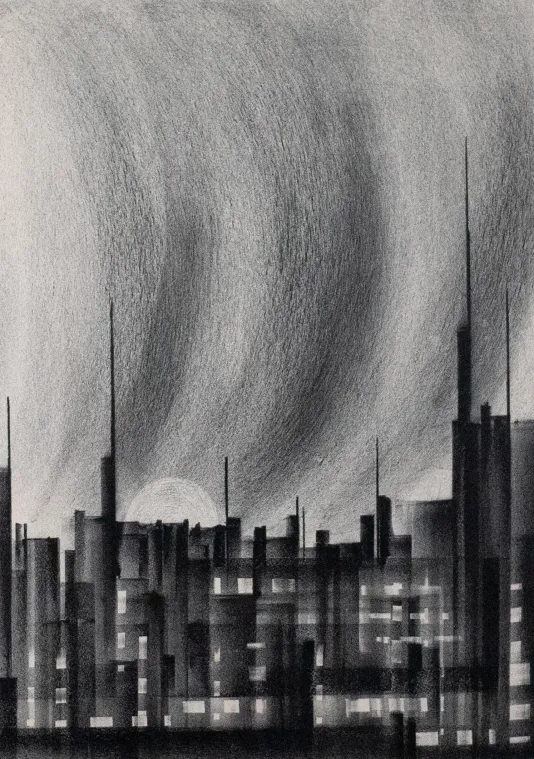 City landscape made using varying shades of black ink and a gray sky that has a large curve as if it is windy.