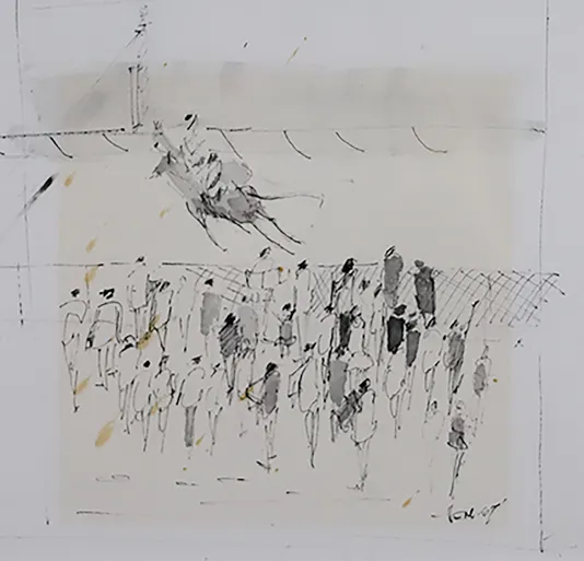 Loose light black line sketch of a large group of people and one person further away riding a horse.