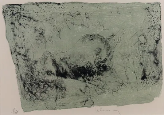 Jade green background with thin black lines that make up a blotchy landscape.