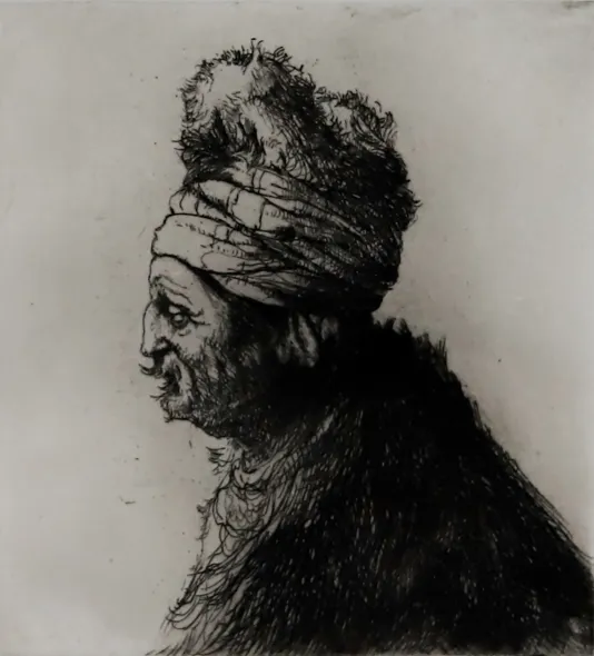 Print of a man's profile, he wars a large hat and has messy facial hair.