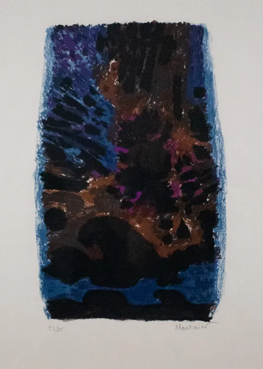 Dark print with a dark blue and brown background and black shapes resembling rocks on a sea shore.