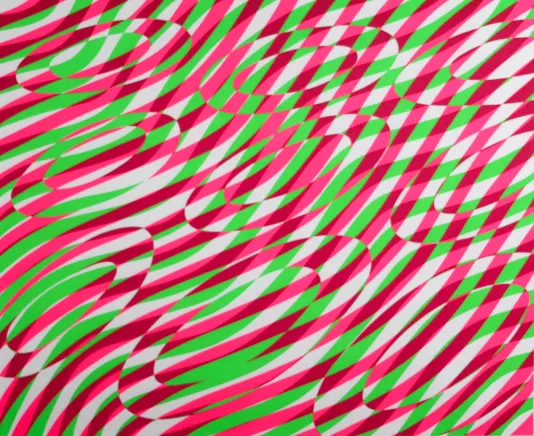 Bright pink, green, and red graphic with wavy lines and hollow circles.