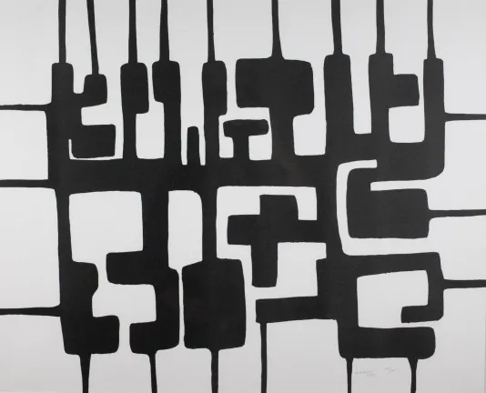 Black graphic of the word peace in abstract lettering.