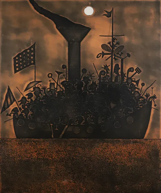 Copper colored print of a boat at sea with a flag and a large army on board.