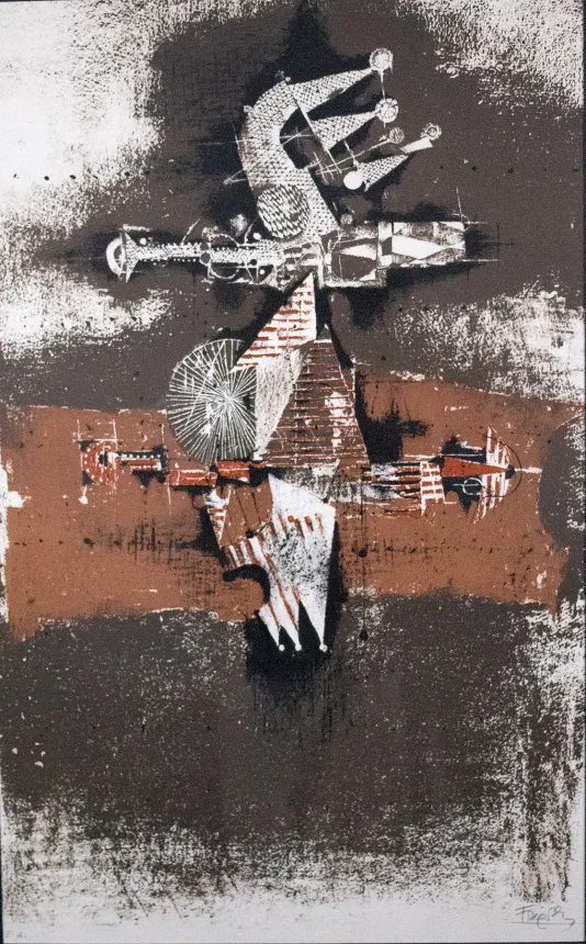 Blotchy print with grey and burnt orange background with a collage on top featuring white and red shapes.