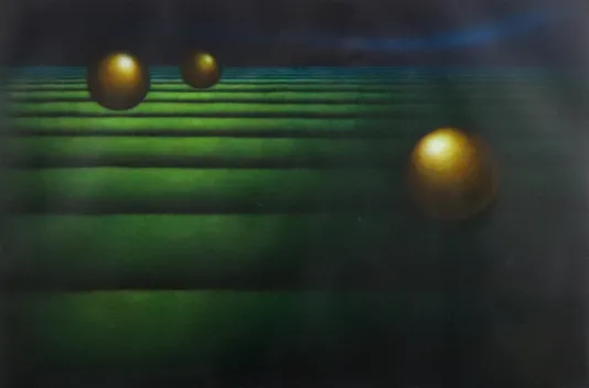 Three dimensional green bars that fade into the horizon with 3 small gold spheres staggered throughout.