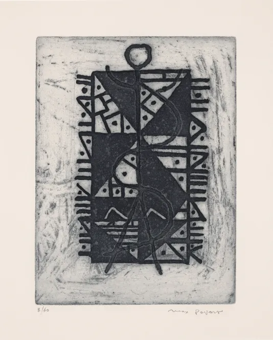 Black print of triangles dots and lines that form a rectangle in the center of the block.