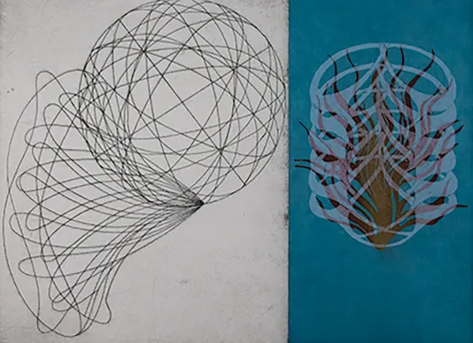 Black drawing on the left of lines that overlap to form a sphere and a black background on the right of a graphic resembling seaweed.