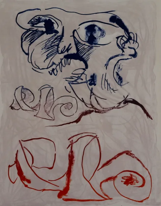 Abstract blue and red drawing resembling a face reflected vertically across the plane.