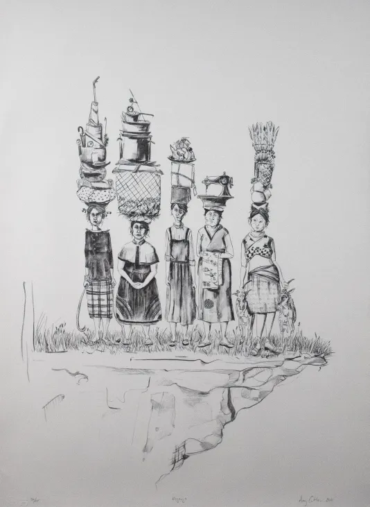Sketch of five women of varying heights balancing baskets on their head while they stand on the edge of a cliff.
