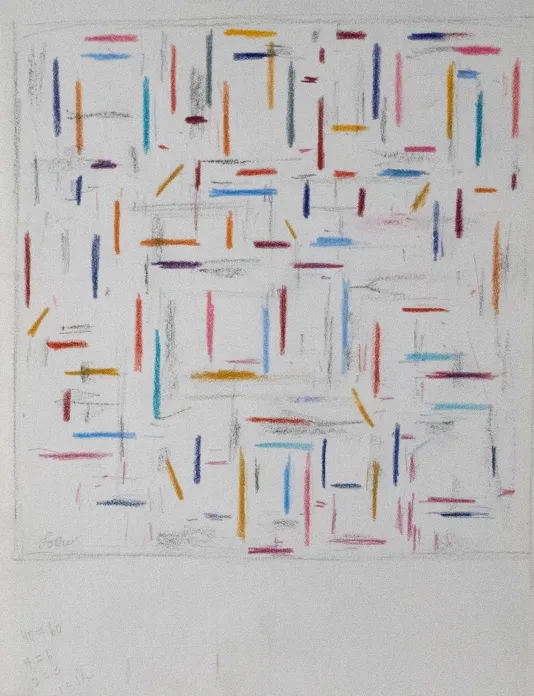 Page filled with short vertical and horizontal lines that weave between one another with the colors orange, blue, red, yellow, and black.