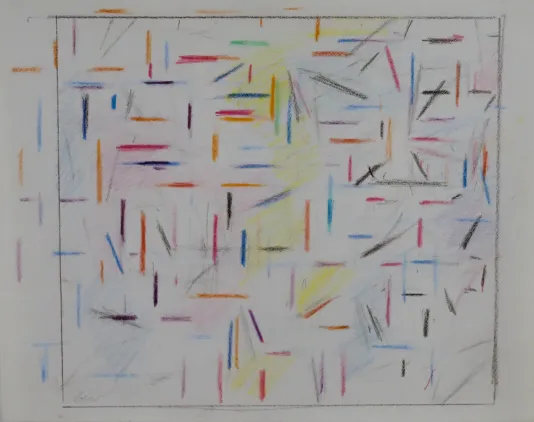 Page filled with short vertical and horizontal lines that weave between one another with the colors orange, blue, red, yellow, and black.