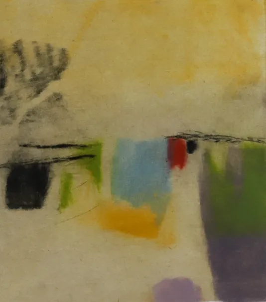 Abstract water color resembling a small house with the colors blue, red, green, purple, black and a yellow background.