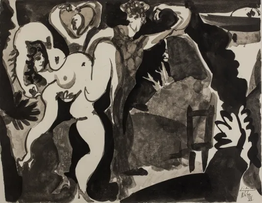 Abstract paining featuring a nude woman who appears to be dancing with a man and a heart hovering above the two.