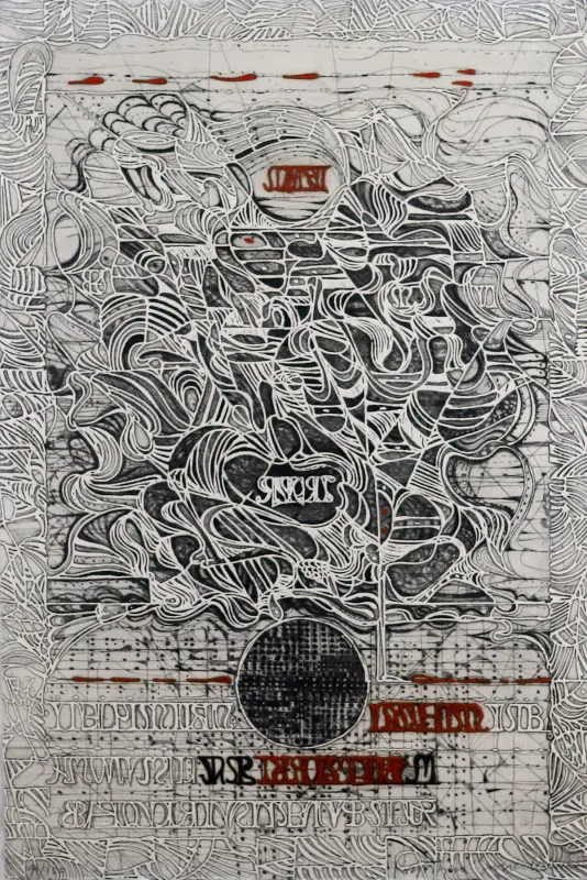 Black and white detailed print with lots of lines that connect with one another and form curves. Features red accent on the top and bottom sections.