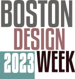 Logo for Boston Design Week 2023 with text in grey, red, black, and teal.